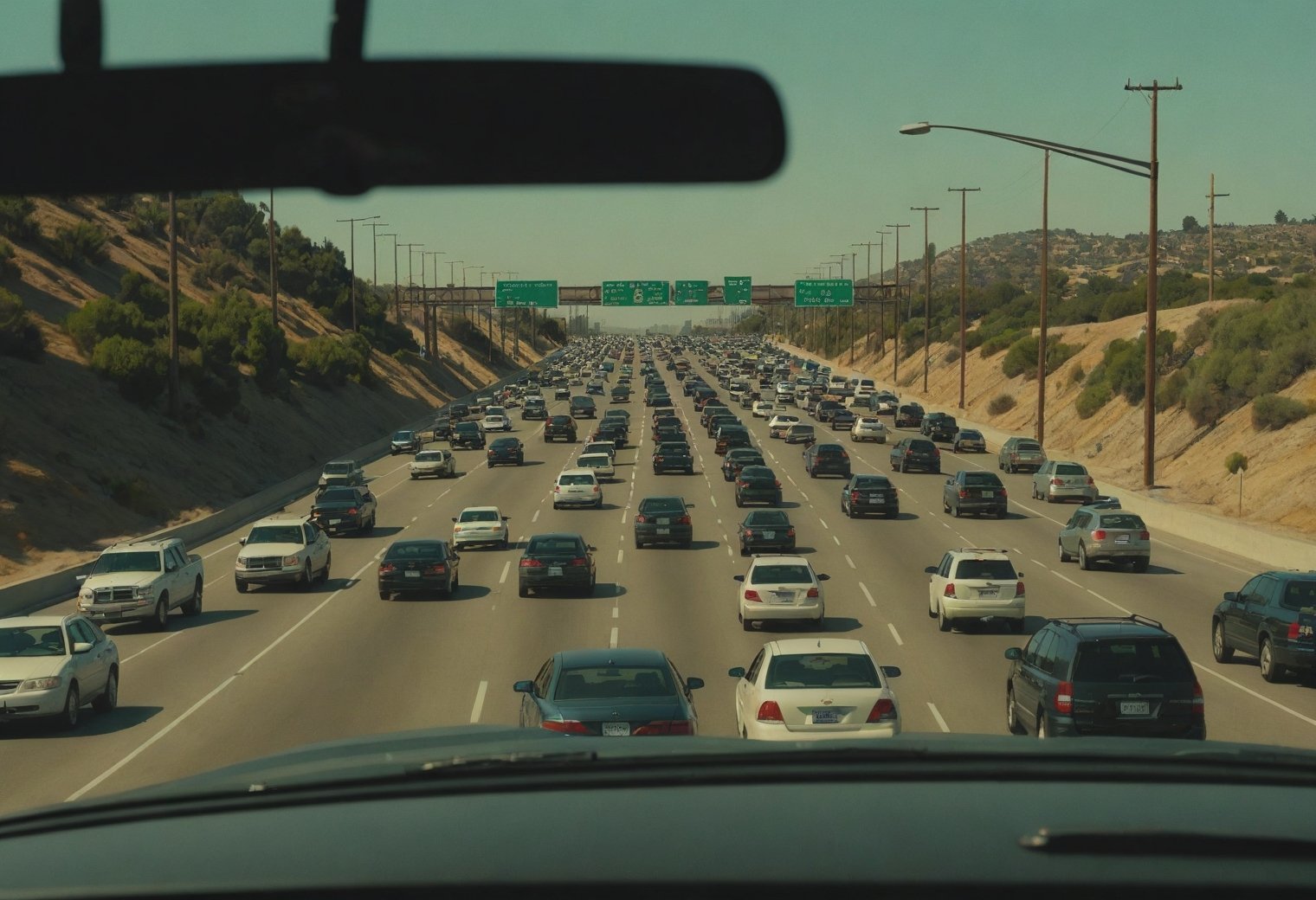 single shot of stuck in traffic on the 405, swealtering heat, , directed by Clint Eastwood Guerrilla filmmaking, handheld shots, jump cuts, improvisational, raw emotion, experimental angles, minimalistic, dialogue-driven, breakthrough performances, indie soundtrack, resourceful, avant-garde