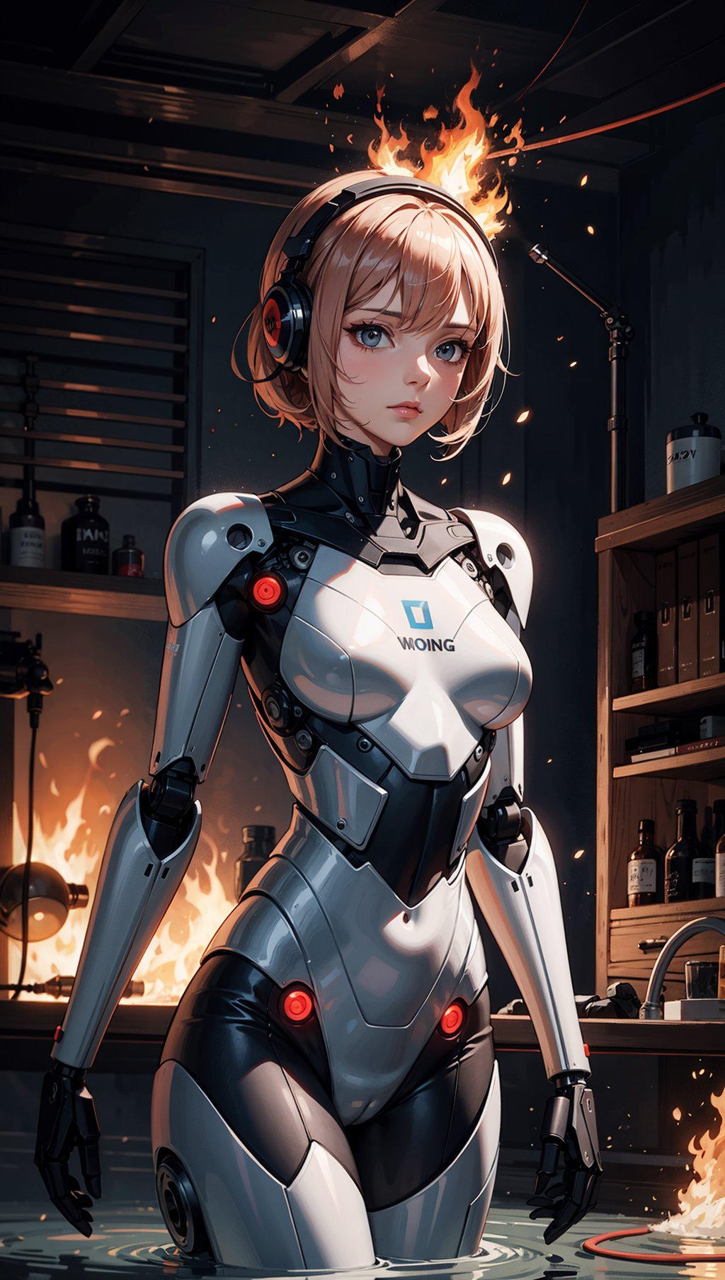 beautiful woman with with a robotic body coming out of oily water that is on fire. wires and particles in the backround,