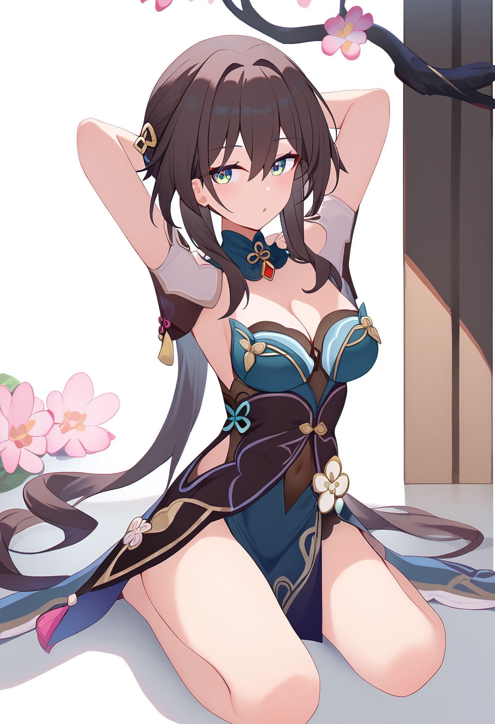 score_9,ruan mei \(honkai star rail\),1girl,solo,bare shoulders,kneeling,arms behind head,seiza,solo,looking at viewer,flower,full body,simple background,white background,,shoulder cutout,looking at viewer,chinese clothes,cleavage,<lora:pony_char_ruan_mei_(honkai_star_rail)-000008:1>