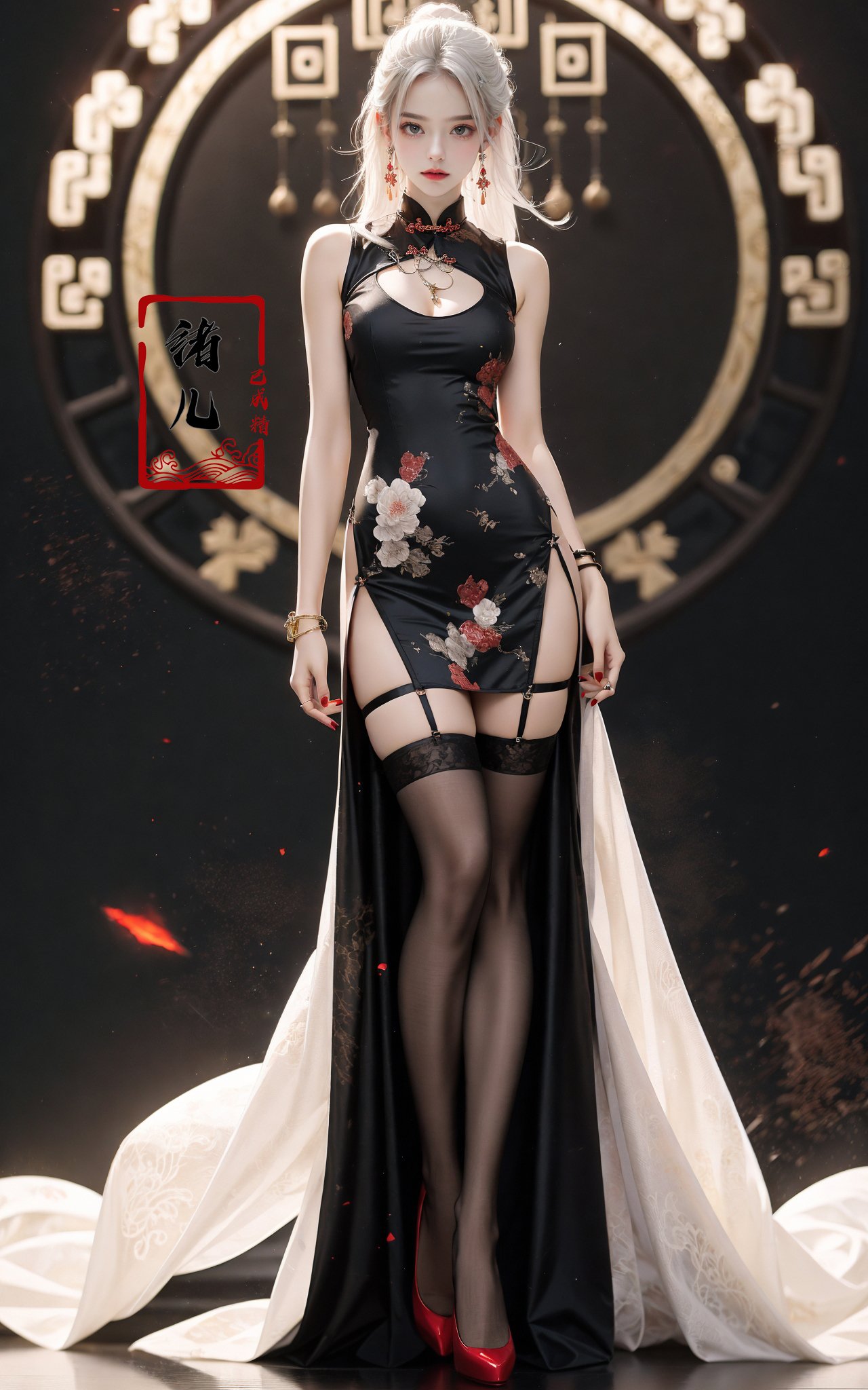 Black background,Fashion cheongsam，nail polish，lace trim，gradient，contrapposto，Red long dress，lace，red lips， (full body:0.8), white thighhighs,white hair，<lora:Fashion cheongsam_20231207093219:0.7>