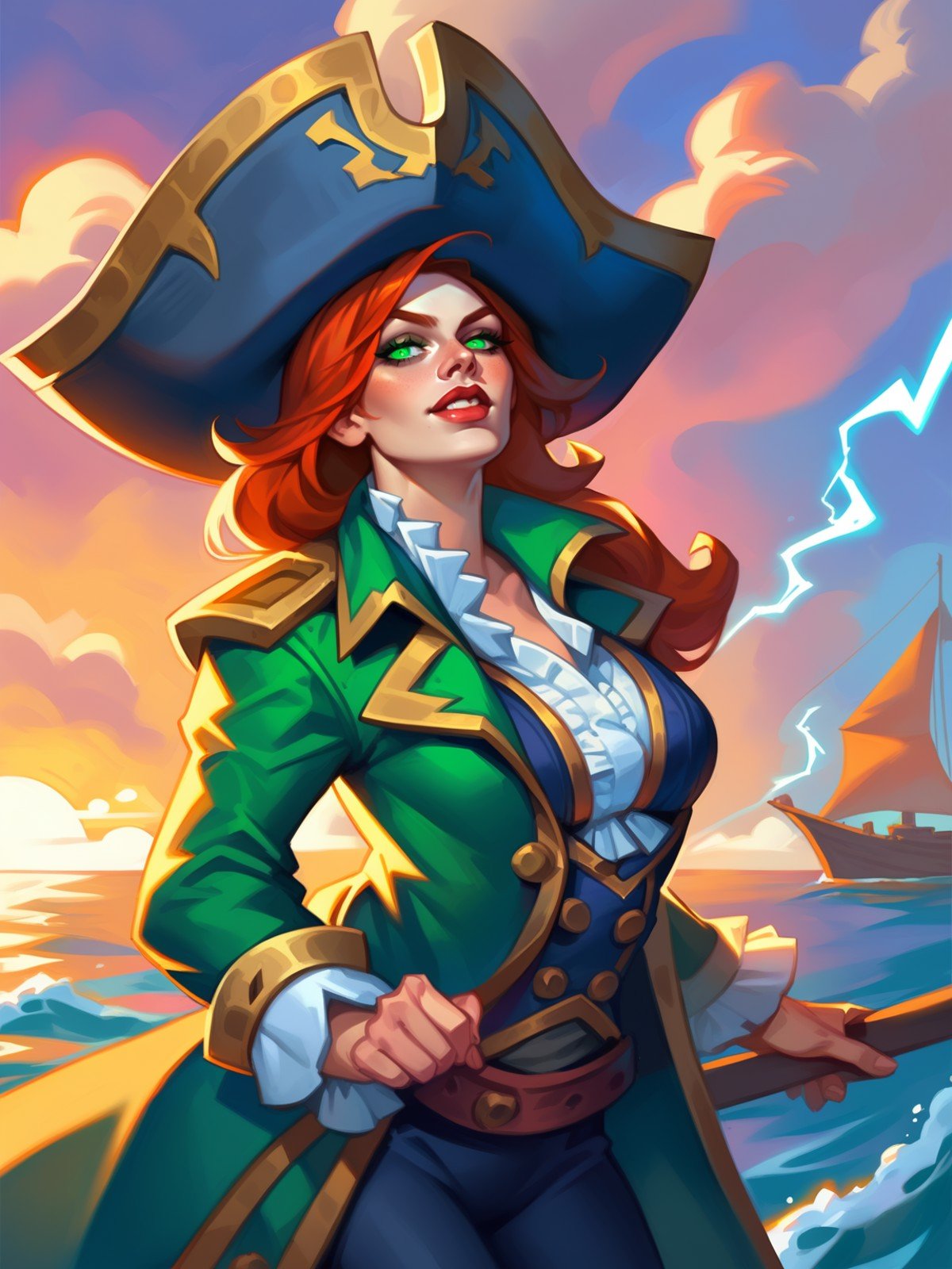 score_8_up, score_7_up, 1girl, cowboy shot of redhead pirate lady, pirate hat, long green coat, green eyes, sea, storm clouds, dark atmosphere, sunset, hearthstone style, warcraft,