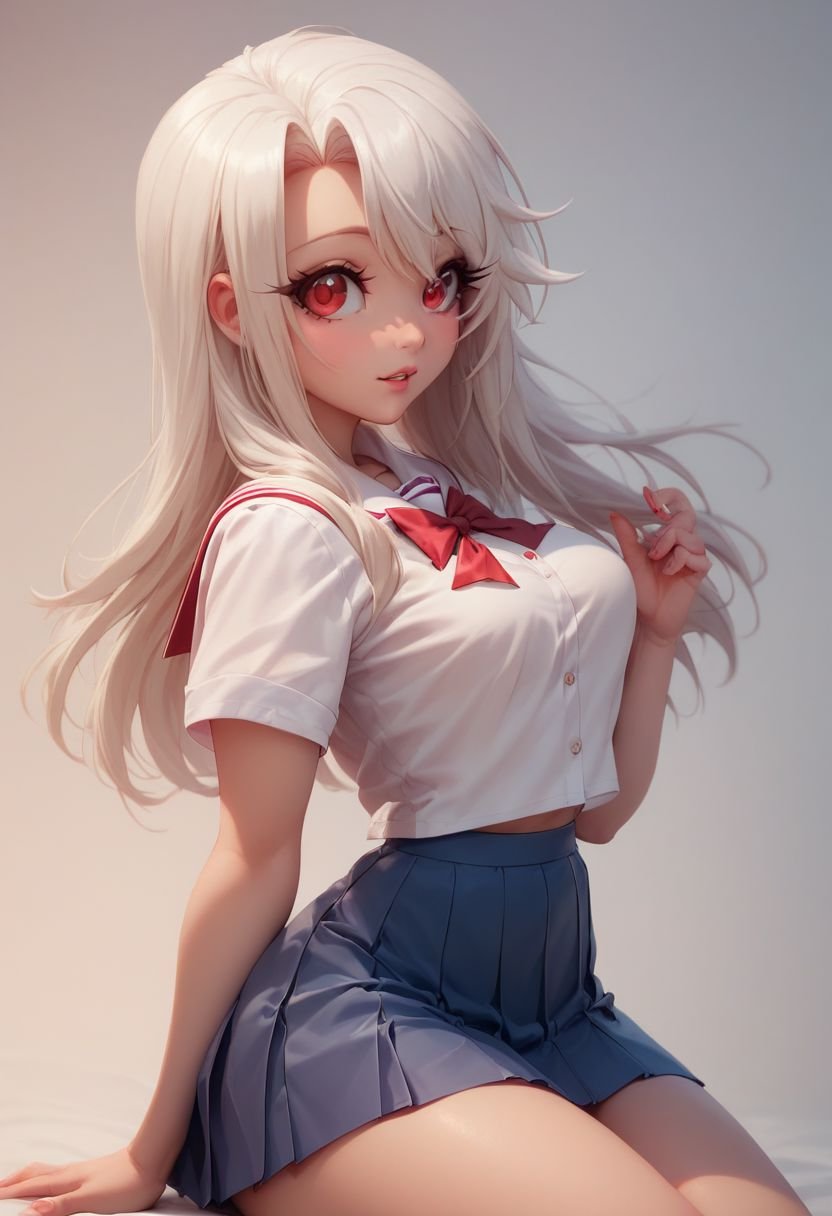 score_9, score_8_up, score_8, medium breasts, (curvy), cute, eyelashes,  illyasviel von einzbern, school uniform, white hair, red eyes, 