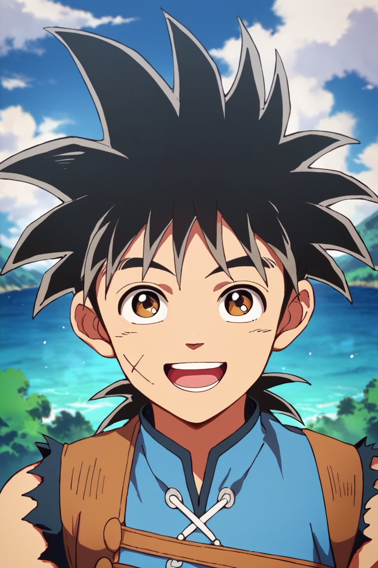score_9,score_8_up,score_7_up,source_anime,1boy,solo,looking at viewer, Dai,black hair, brown eyes,scar, scar on face, smile, Torn clothes,sleeveless,leather, blue shirt, outdoors, upper body, open mouth<lora:EMS-409148-EMS:0.800000>