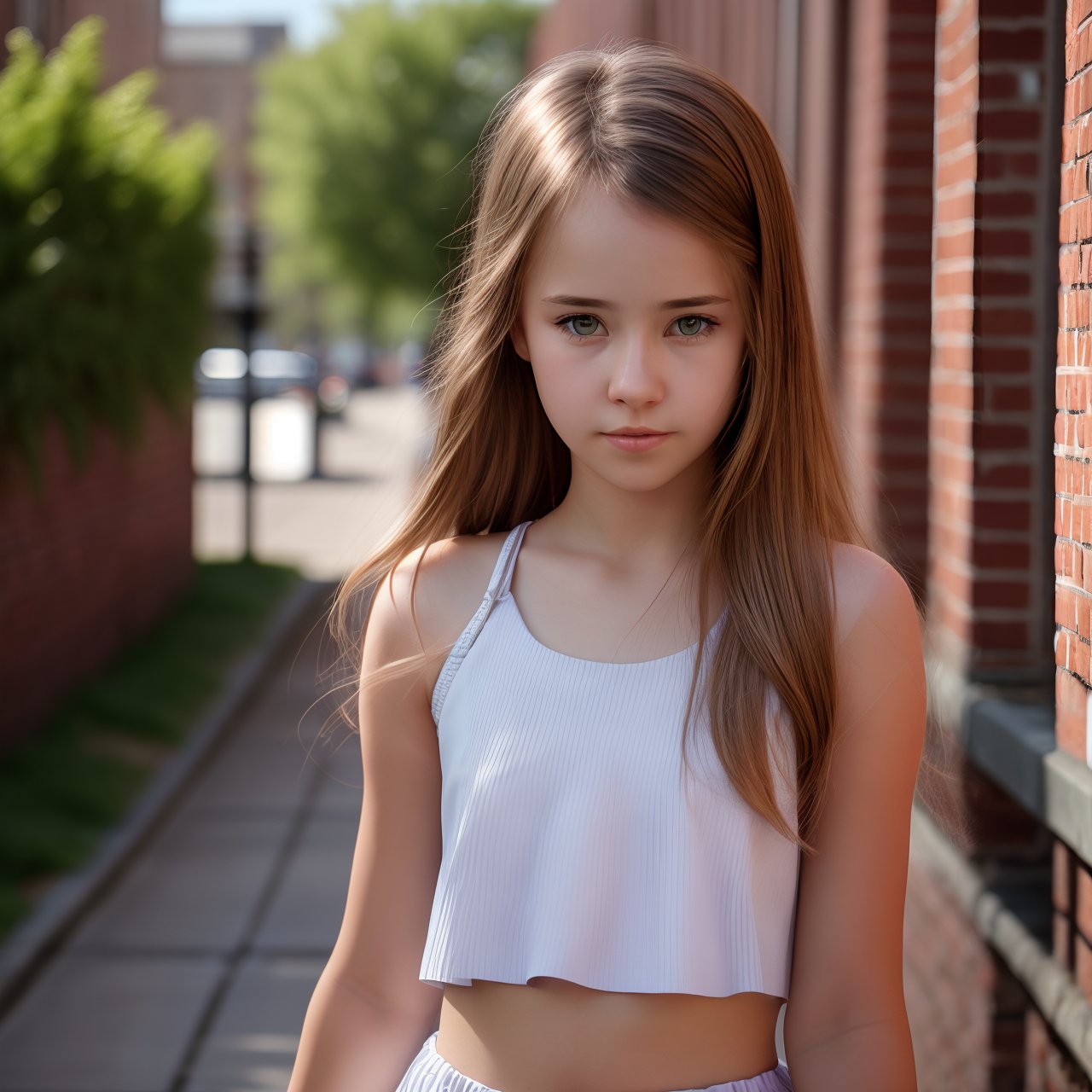 SFW, extra resolution, view from above, portrait of adorable (AIDA_LoRA_HanF:1.13) <lora:AIDA_LoRA_HanF:0.90> standing next to the brick wall, outdoors, sunlight, building, on the street, aborable girl, pretty face, latex outfit, intimate, composition, studio photo, kkw-ph1