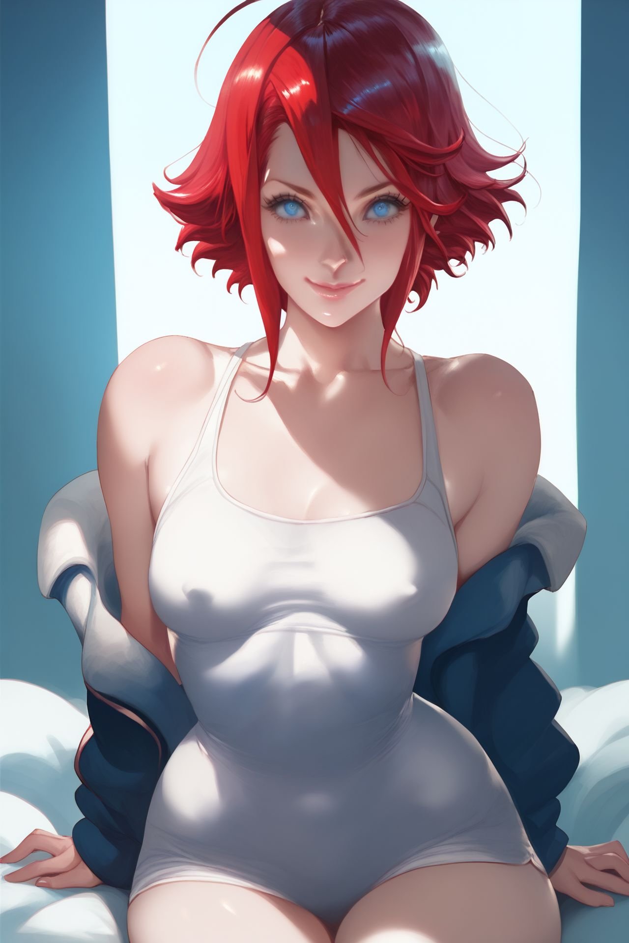 score_9, score_8_up, score_7_up, 1girl, squinting eyes smile, red hair, hair_between_eyes, short_hair, blue eyes, medium breasts, covered nipples, otaku_room, <lora:Sakimichan_PonyXL_style_v01.10.02.05:1>