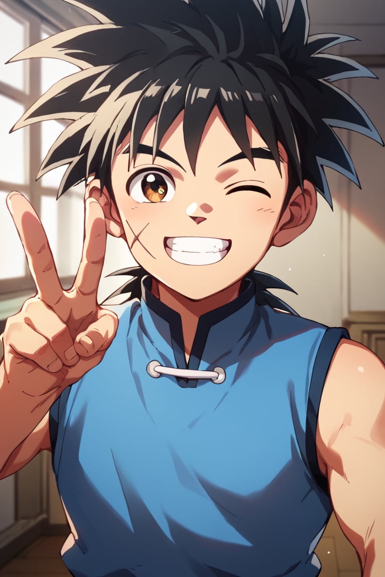 score_9,score_8_up,score_7_up,source_anime,1boy,solo,looking at viewer, Dai,black hair,brown eye, scar, scar on face, indoors, upper body, open mouth, Blue shirt,sleeveless, v, smile, grin, (one eye closed)<lora:EMS-409148-EMS:0.800000>