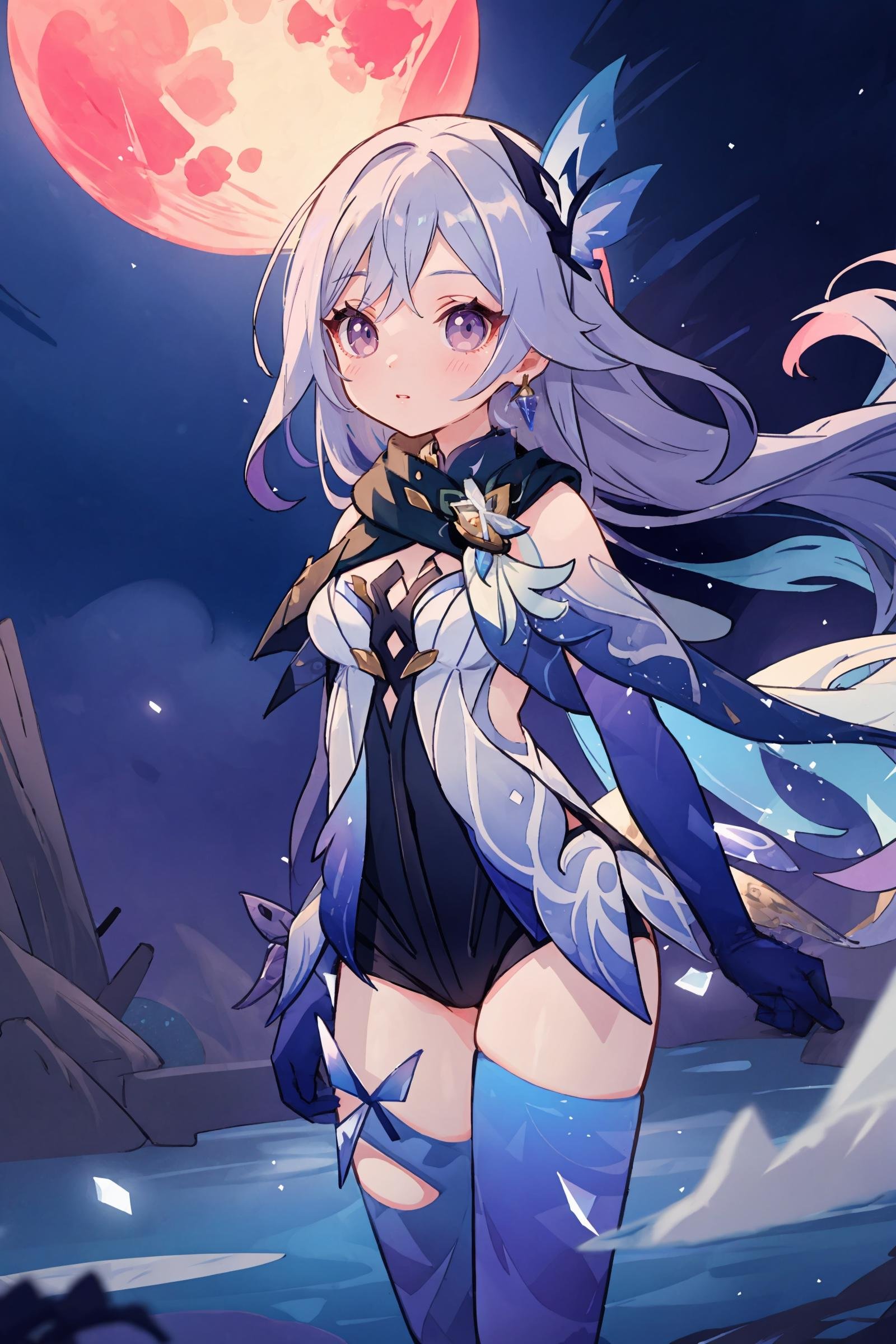 1girl, skirk \(genshin impact\), elbow gloves, earrings, cape, blue thighhighs, black scarf, butterfly hair ornament, armored leotard, cowboy shot, expressionless, night, floating hair, full moon, cloud, floating ice, floating crystals, backlighting, depth of field, masterpiece