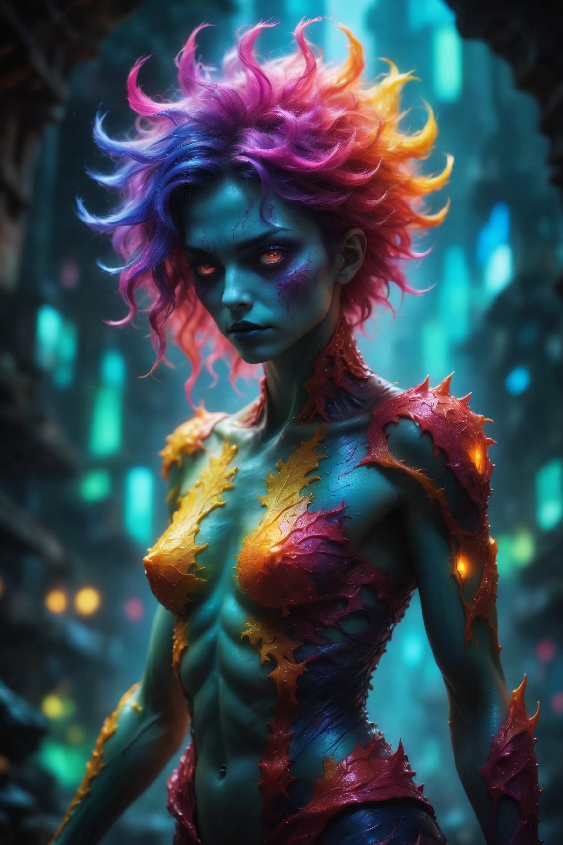 (best quality, 8K, highres, masterpiece), ultra-detailed, (photorealistic, cinematic), illustration painting of a luminous and enchanting bad guy undead/human-like creature with vibrant and dynamic anime-style colors. The creature, with dark, colorful hair, strikes a dynamic pose in a brilliantly lit fantasy realm environment filled with a kaleidoscope of colors. The mid-shot composition and rule of thirds depth of field emphasize intricate details, creating a fantastical realm that bursts with subtle and vibrant colors. The use of light particles enhances the scene's grandeur and awe, making it a stunning visual masterpiece in a double-exposure style. The strong outlines contribute to the scene's cinematic feel, creating a super colorful and visually captivating narrative