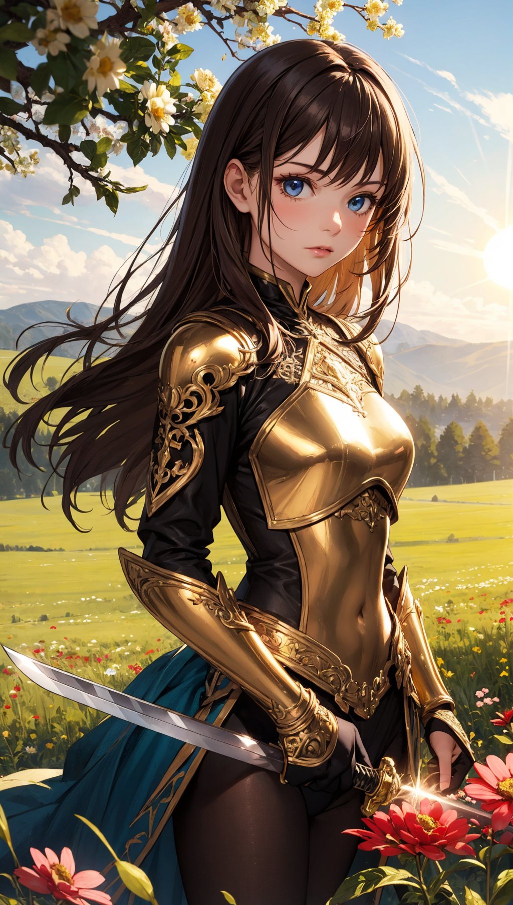 (masterpiece),(best quality),(extremely intricate),(sharp focus),(cinematic lighting),(extremely detailed),A young girl in armor,standing in a meadow of wildflowers. She is holding a sword. She has long brown hair adorned with wildflowers. Her expression is determined,and her eyes are shining with courage. The sun is shining brightly behind her,casting a golden glow over the scene.,flower4rmor,flower bodysuit,Flower,