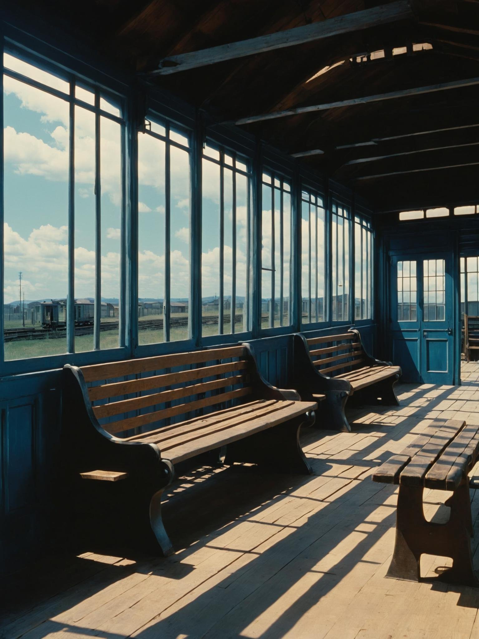 a train car with wooden benches and windows , sky, day, cloud, indoors, blue sky, no humans, window, shadow, sunlight, building, scenery, wooden floor, train station ,scene from a Prison     movie , cinematic , Jacques Tati, Conrad L. Hall , <lora:Movie_aesthetic_XL:1>