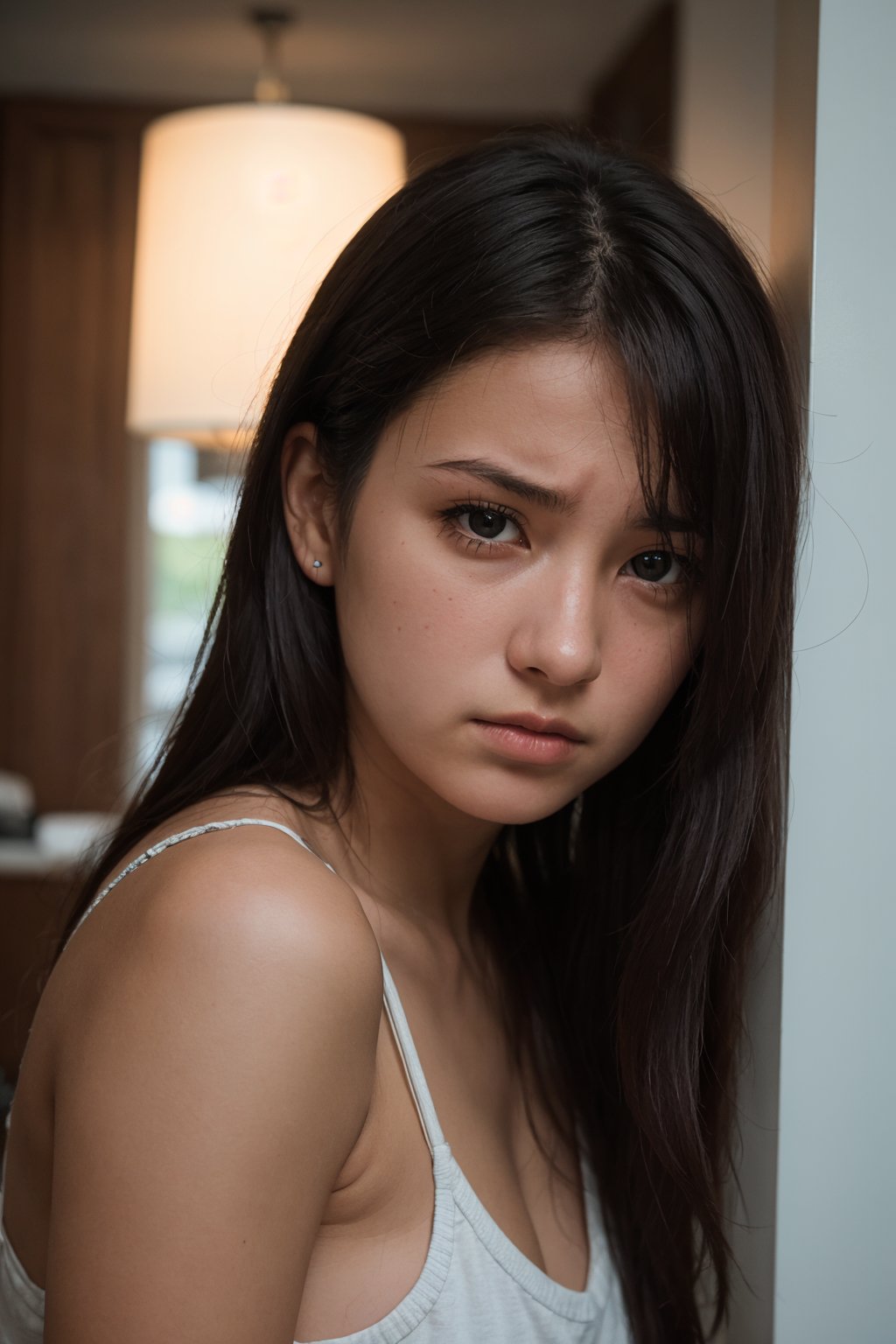 photo of a 18 year old girl, upset, facing viewer,ray tracing,detail shadow,shot on Fujifilm X-T4,85mm f1.2,depth of field, realistic,