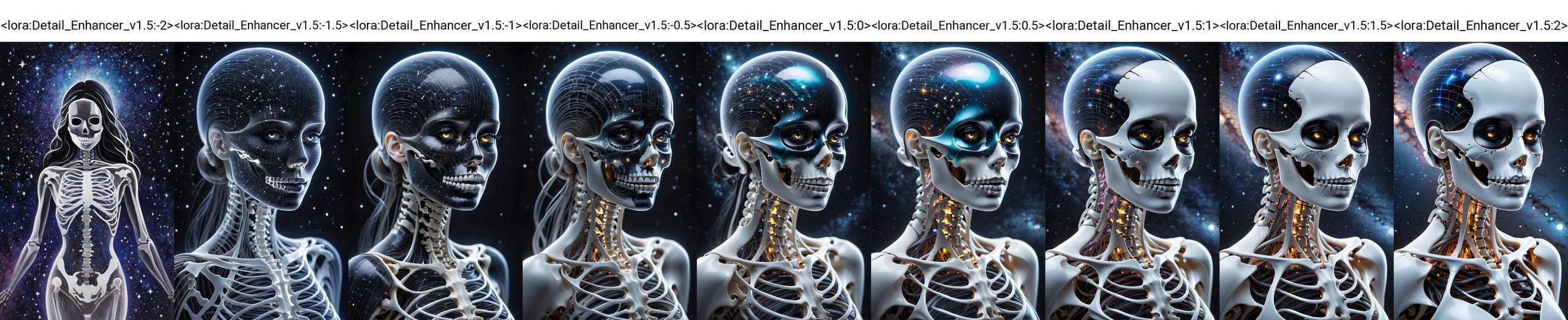 (best quality,8K,highres,masterpiece), ultra-detailed, featuring a woman with her face obscured by a grey square, set against a cosmic, star-filled background. The woman appears to be wearing or integrated with an intricate skeletal structure that is white and somewhat luminescent. The cosmic backdrop bathes the scene in a mesmerizing array of stars and galaxies, creating a sense of vastness and wonder. The obscured face adds an air of mystery and intrigue, inviting viewers to ponder the hidden depths of the character's identity. Meanwhile, the intricate skeletal structure adds a touch of ethereal beauty and symbolism, hinting at themes of mortality, transformation, and the interconnectedness of all things. This artwork is a captivating exploration of the human form amidst the cosmic expanse, blending elements of mystery, beauty, and cosmic wonder<lora:Detail_Enhancer_v1.5:-2>