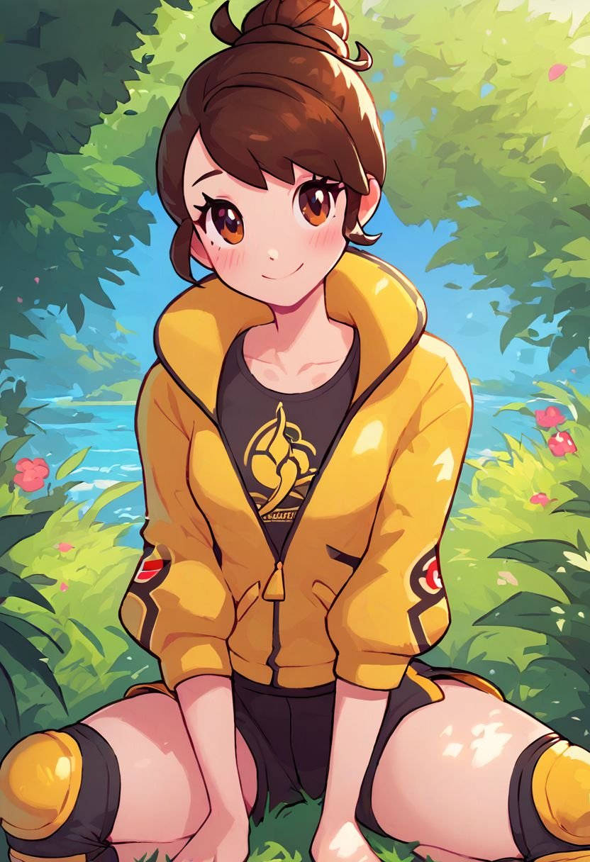 score_9, score_8_up, score_8, medium breasts, (curvy), cute, eyelashes, gloria (pokemon),gloriaDojo, yellow jacket, black shirt, black shorts, knee pads,  short hair, single hair bun, collarbone, upper body, outdoors, kneeling, smile, blush,sunny day