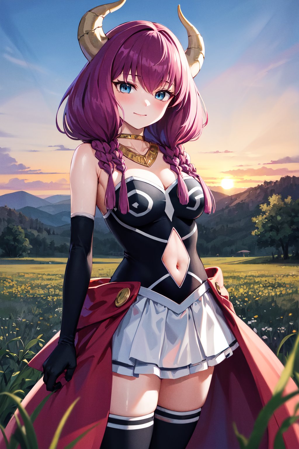 masterpiece, best quality, highres, aaaura, braid, twin braids, horns, blue eyes, choker, necklace, strapless dress, elbow gloves, black gloves, navel cutout, white skirt, black thighhighs, <lora:aura_(sousou_no_frieren)_v1:0.8>, sunset, field, standing