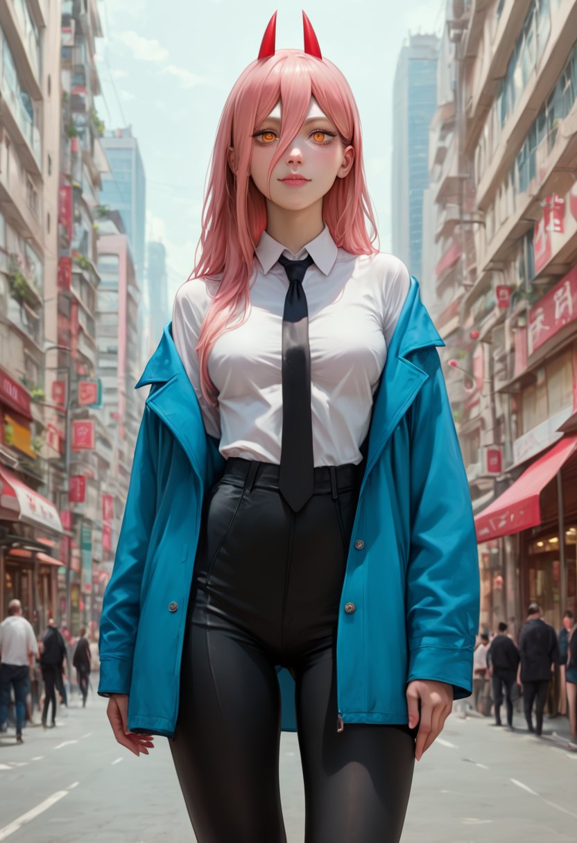 score_9, score_8_up, score_7_up, score_6_up,txzndevil, girl, beautiful face, Power, Chainsaw Man, pink hair, narrow hips, bending forward, realistic breasts, skinny, sexy adult, posing, halfbody portrait, from below, outside, city, Tokyo background,white shirt, black tie, oversize blue coat,blurred background<lora:EMS-400846-EMS:1.600000>