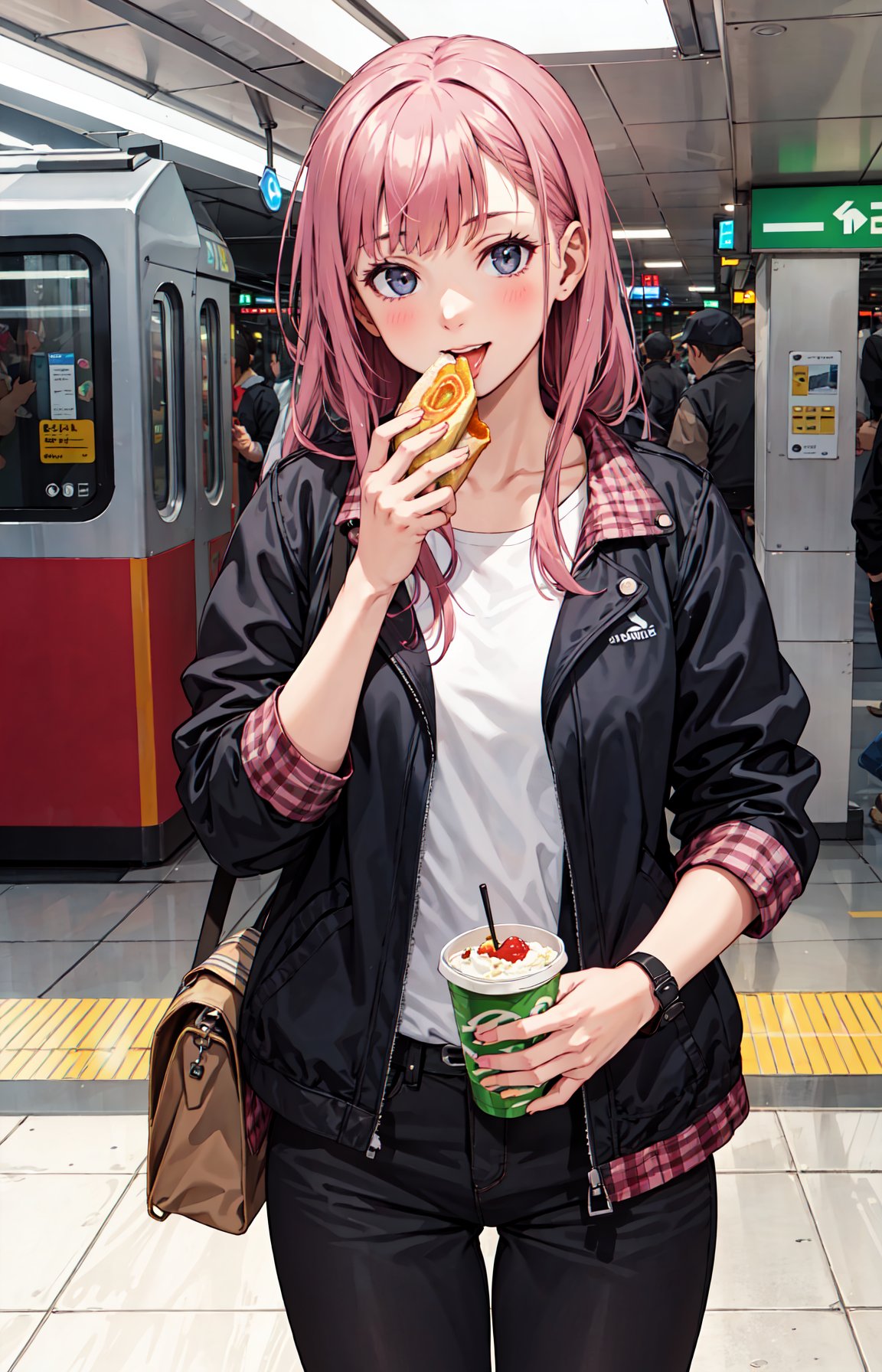 best quality, detailed background, girl,eating,subway station, spring, happy