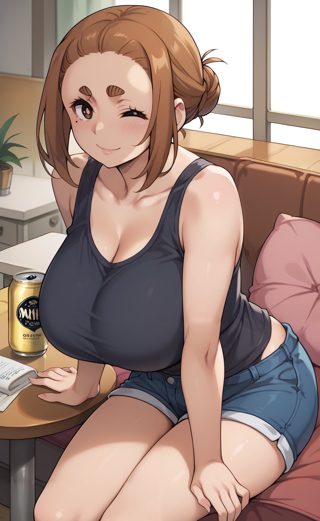 score_9, score_8_up, score_7_up, source_anime, <lora:Pony_DetailV2.0:1.5>,  <lora:Sumireko_Ogawa-08:1>, sumireko_wz, brown hair, brown eyes, mole under eye, thick eyebrows, sidelocks, hair bun, single hair bun,short hair, huge breasts, tank top, black tank top, short shorts, blue shorts, sitting, beer can, closed eyes, looking at viewer, leaning forward, heart pillow, room, table, messy room, 