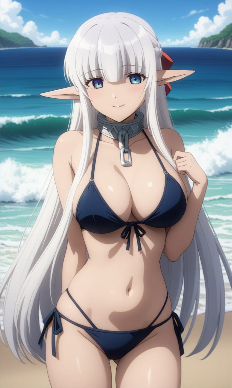 (masterpiece, best quality, very aesthetic, ultra detailed, many details), 1girl, nephiliaxl, pointy ears, blue eyes, long hair, white hair, elf, large breasts, bikini, adjusting_clothes, seductive smile, looking_at_viewer, beach, ocean, waves, standing, cowboy_shot<lora:EMS-349075-EMS:1.000000>, <lora:EMS-335216-EMS:0.700000>