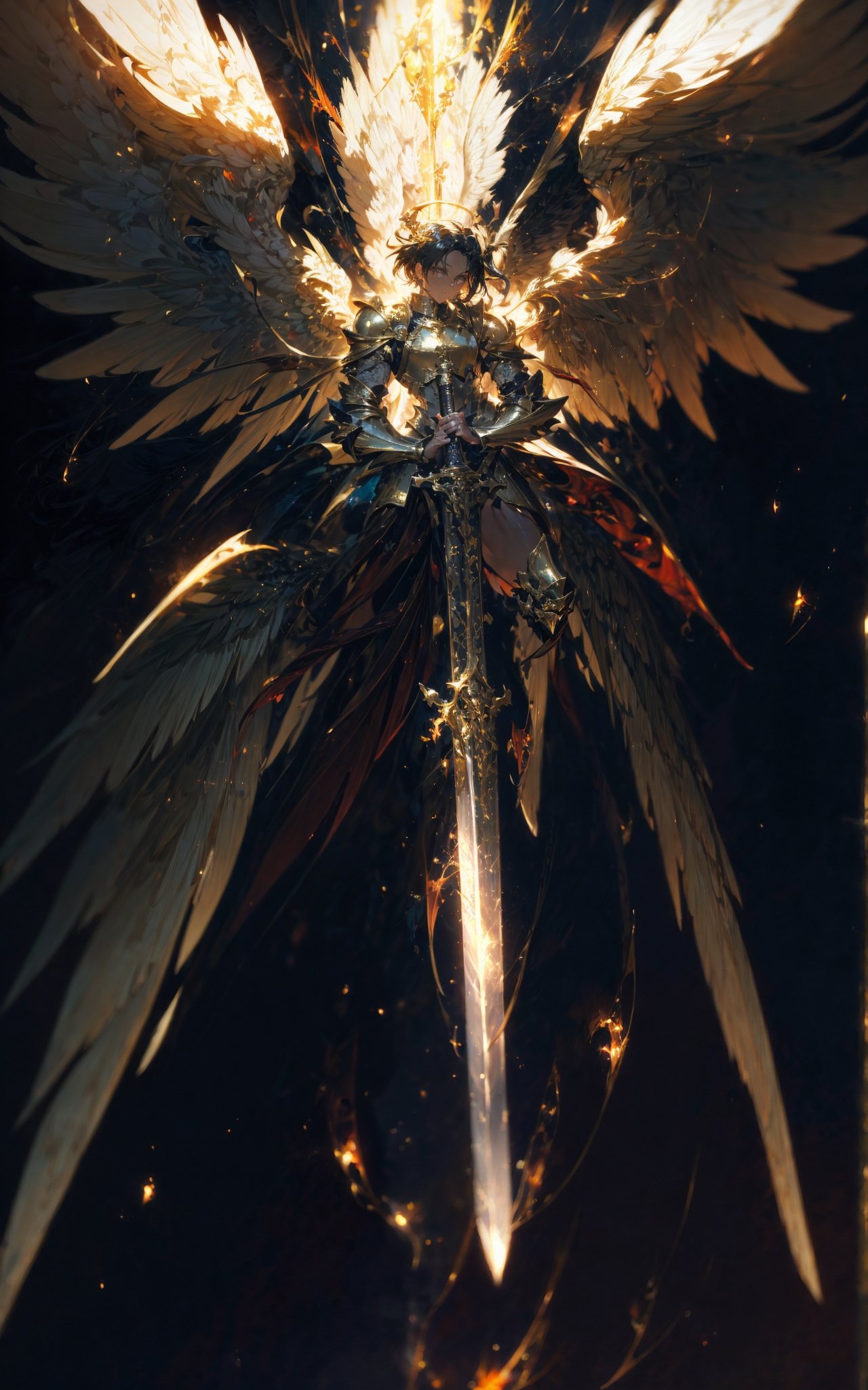 angel,Super powerful flame angel flies out of the clouds, behind him is golden meteor magic surrounding his body, Gothic style, gorgeous golden armor, huge flame great sword, rich background, sword art background, film shooting, depth of field, Super visual, Super visual ,bare shoulders，exposed abdomen，Flamboyant armour，Angel wings. Huge angel wings，<lora:绪儿-巨剑大天使V2 angel:0.8>