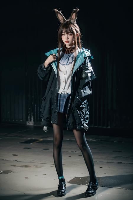 best quality,masterpiece,realistic,photorealistic,1girl,solo,looking at viewer,standing,full body,amiya cosplay costume,amiya,arknights,cosplay,long hair,brown hair,hair between eyes,rabbit ears,shirt,plaid skirt,pleated skirt,hooded jacket,coat,long sleeves,clothes writing,frilled ascot,anklet,thighlet,multiple rings,pantyhose,black pantyhose,black shoes,simple grey background,<lora:Arknights_Amiya_cosplay_v1:0.7>,<lora:_face_8:1>,