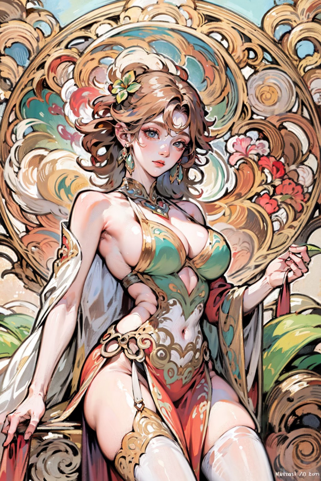 ((mucha style)), busty and sexy girl, 8k, masterpiece, ultra-realistic, best quality, high resolution, high definition <lora:YIN-MUCHAGODDESS V1 (1):1>