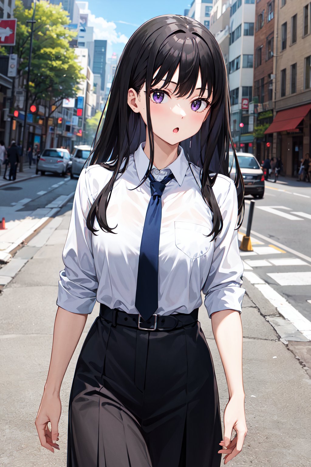 masterpiece, best quality, highres, aatakina, long hair, black hair, <lora:inoue_takina_v1:0.7>, white shirt, necktie, skirt, street, walking, :o