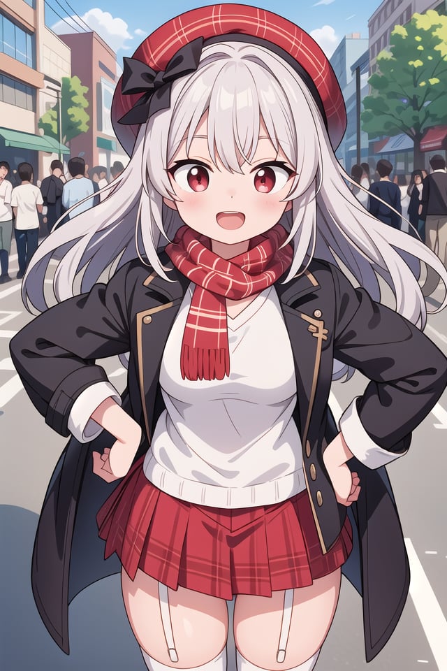 insanely detailed, absurdres, ultra-highres, ultra-detailed, best quality,1girl, solo, nice hands, perfect hands,BREAKwhite boots,( pele hat:1.2), thermal layers, (red Plaid skirt:1.1), sweater,garter ring,BREAK Scarf,black coat with golden embroidery,coat with open front button,(black knee-high socks:1.3)BREAKhappy smile, laugh, open mouth, standing,(45 angle:-1.5), (from side:-1.5),cute pose, cowboy shot,BREAKslender, kawaii, perfect symmetrical face, ultra cute girl, ultra cute face, ultra detailed eyes, ultra detailed hair, ultra cute, ultra beautiful,BREAKin harajuku, shibuya, tokyo, street, crowd, cityscape,BREAKmedium large breasts,(grey hair, red eyes),
