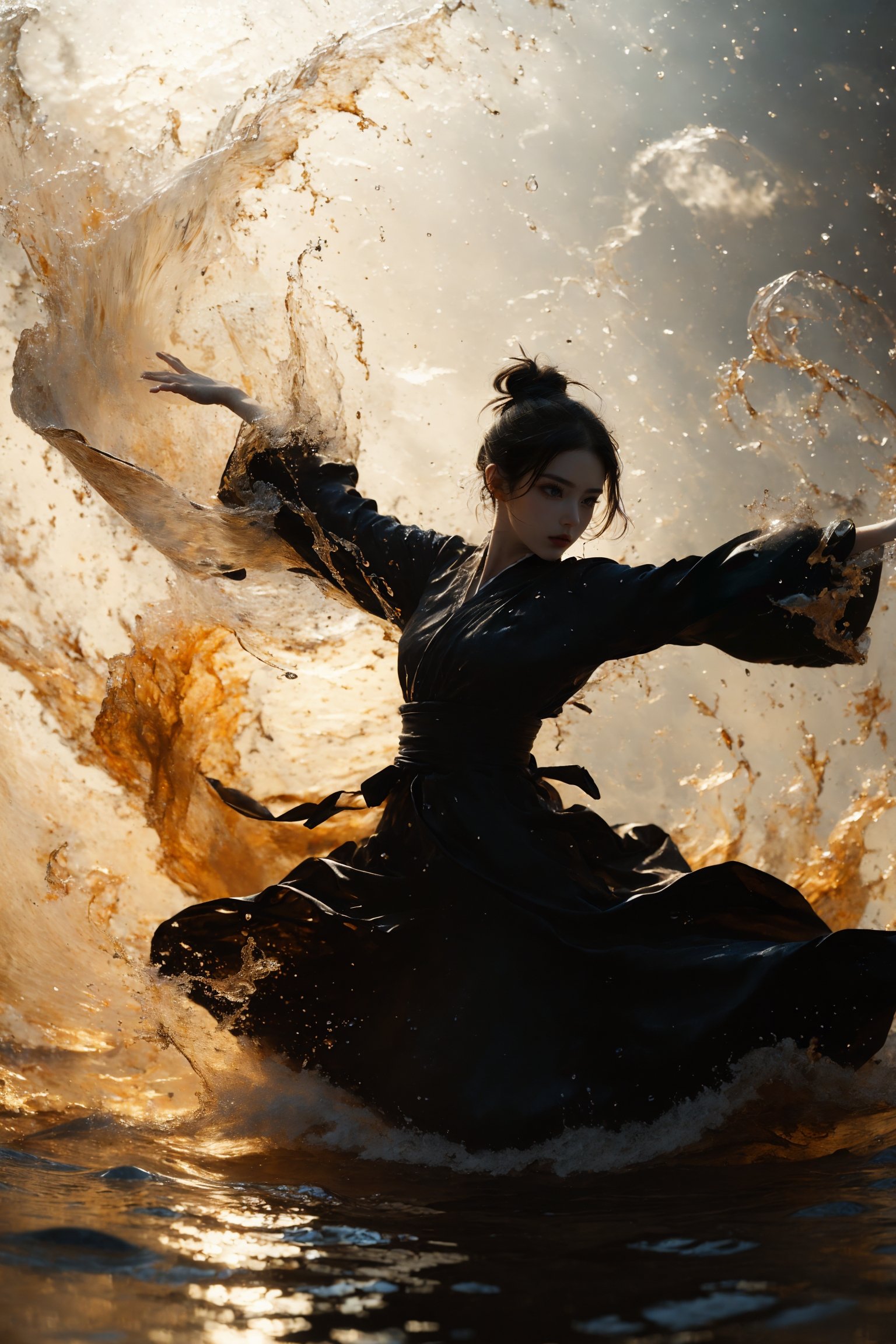 ultra high resolution, ((masterpiece))), (((best quality))), ((super detailed)),  ((extremely delicate and beautiful)),cinematic light, detailed environment，(real),1 girl,solo,hair bun,single hair bun,black hair,wide sleeves, outstretched arms, fighting stance,(splashing:1.2),<lora:绪儿-武侠V3 xuer martial arts:0.8>