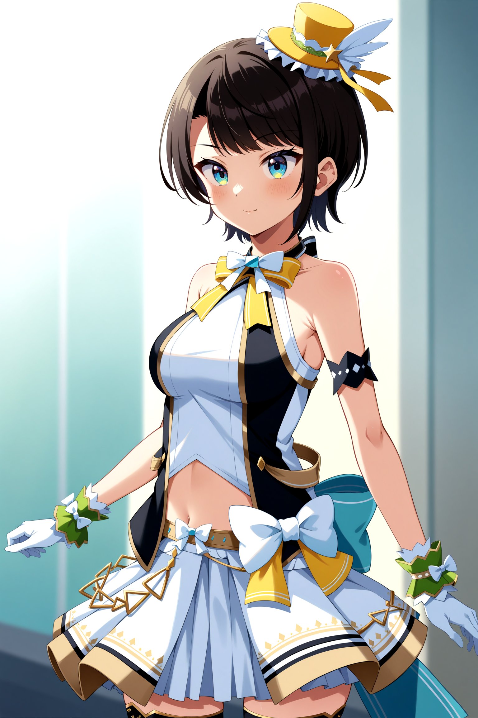 (masterpiece, best quality, very aesthetic, ultra detailed), intricate details, 4k, anime style, ddsubaru, short hair, mini top hat, yellow headwear, hololive idol uniform, yellow bowtie, sleeveless shirt, sleeveless, wrist cuffs, white gloves, navel, white bow, layered skirt, white skirt, black thighhighs, <lora:oozora_subaru_XL_v1:0.9>, standing, cowboy shot