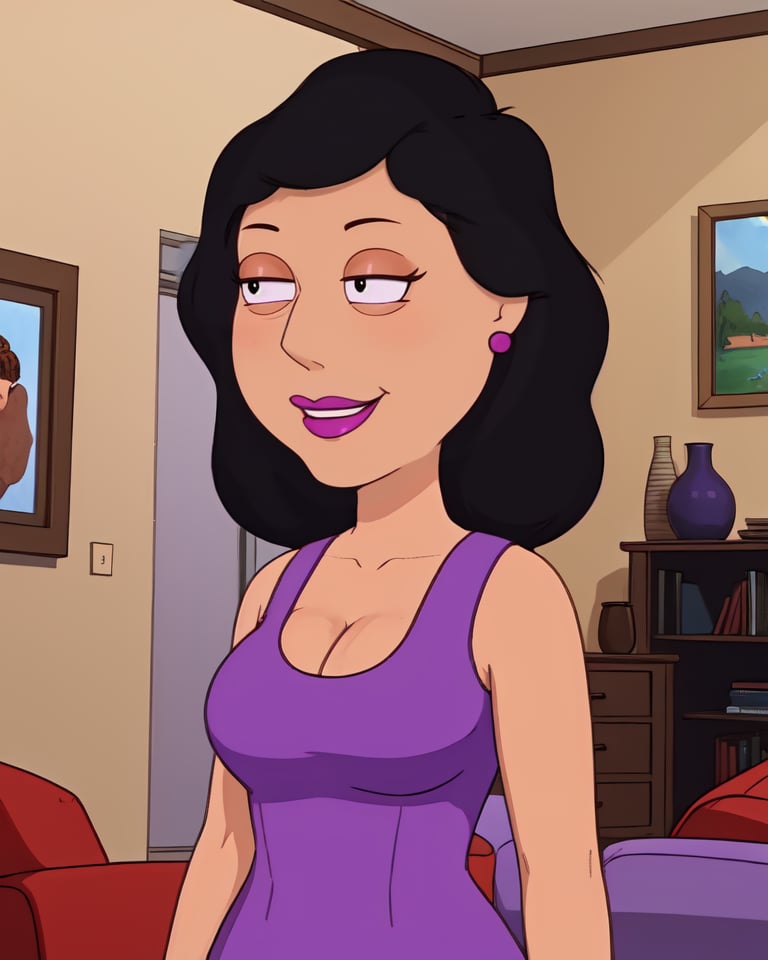 bonnie,black hair,black eyes,lipstick,small purple earrings,purple dress,cleavage,smile,standing,upper body,living room,(insanely detailed, beautiful detailed face, masterpiece,best quality),<lora:Bonnie:0.7>,
