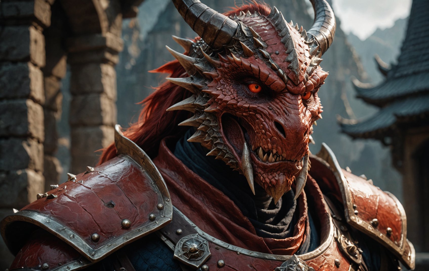 cinematic film still, close up, photo of a red Dragonborn, in the style of hyper-realistic d&d, full plate,  sony fe 12-24mm f/2.8 gm, close up, 32k uhd, light navy and light amber, kushan empire, amazing quality, wallpaper, analog film grain <lora:aesthetic_anime_v1s:0.5> <lora:add-detail-xl:1.1>