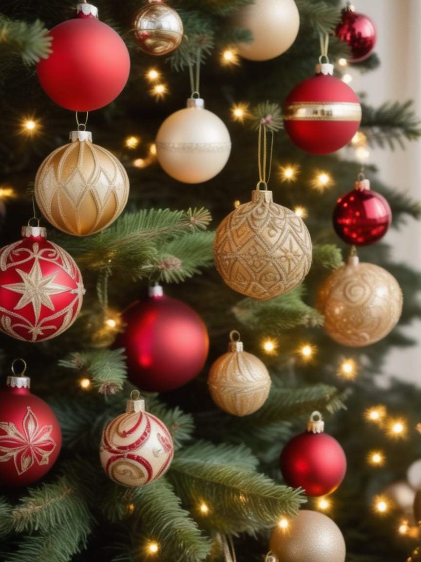 A Christmas tree is decorated with ornaments of all shapes and sizes, creating a festive atmosphere., realistic, best quality