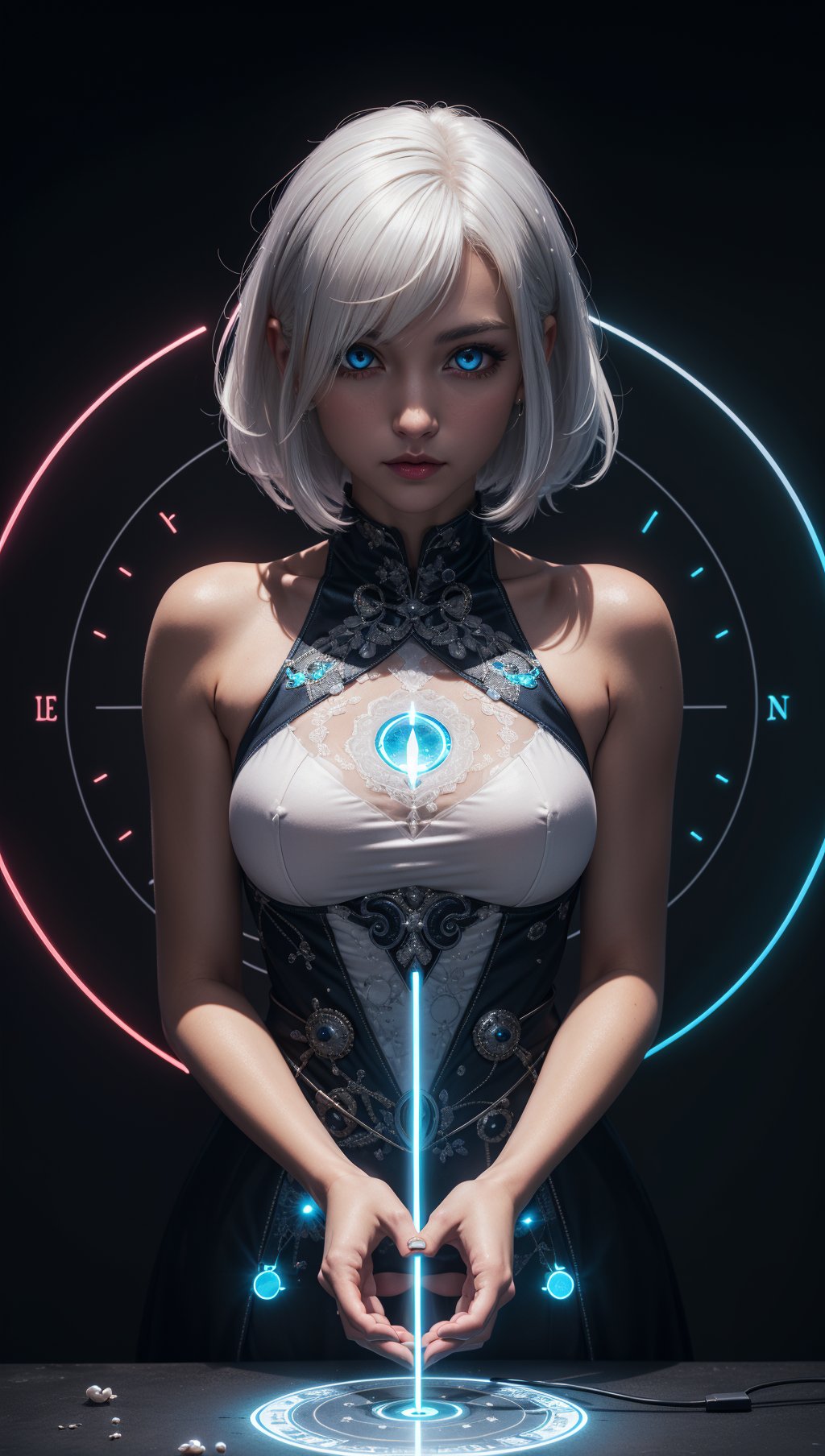 ((upper body)),best quality,masterpiece,a Japanese woman with ((Luminescence white hair)),((detailed pearl blue eye)),high detailed goddess soul,focus on character,solo,(style swirl magic),solo,from front,front view,looking at viewer,detailed face,((Luminescence Lighting Magic Circle theme)),perched on a ledge,tight neon body,light streaks,dark abyssal wanderer abstract,((Simple Luminescence Neon Gown)),inscribed with mystical runes,outdoor dystopian background,