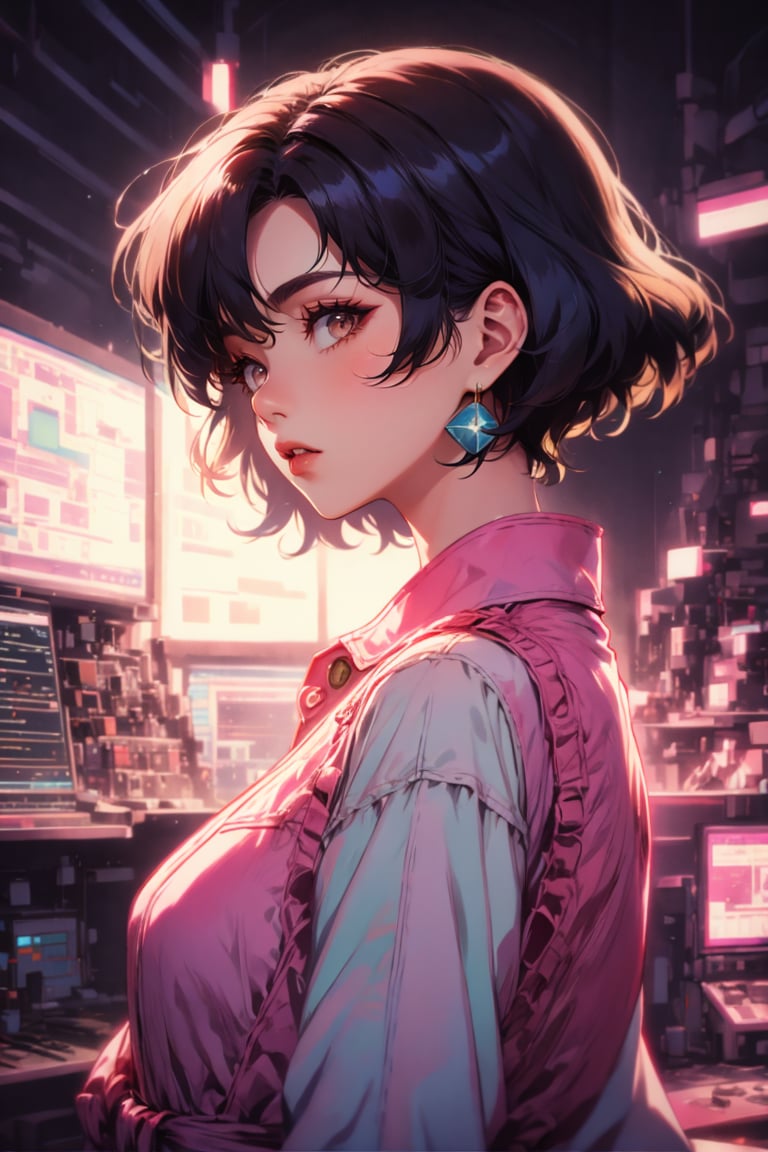 woman in a dress, disco, futuristic, short hair, <lora:AstrAnime_RETRO:2>, view from side