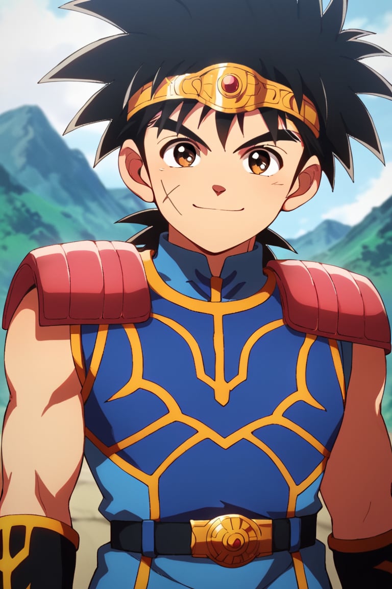 score_9,score_8_up,score_7_up,source_anime,1boy,solo,looking at viewer, Dai,black hair, brown eyes,scar, scar on face, smile, Blue clothes,shoulder armor,belt,wristband<lora:EMS-409148-EMS:0.800000>