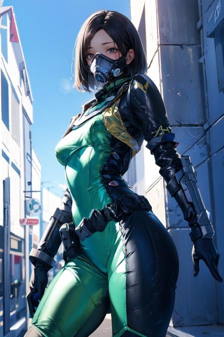 best quality,masterpiece,highres,extremely detailed cg unity 8k wallpaper,outdoors,1girl,solo,looking at viewer,standing,cowboy shot,<lora:GoodHands-beta2:1>,<lora:lemon0035-Viper Valorant Costume_v1:0.9>,lemon0035,green bodysuit,armor,belt,cyborg,gloves,mask,respirator,
