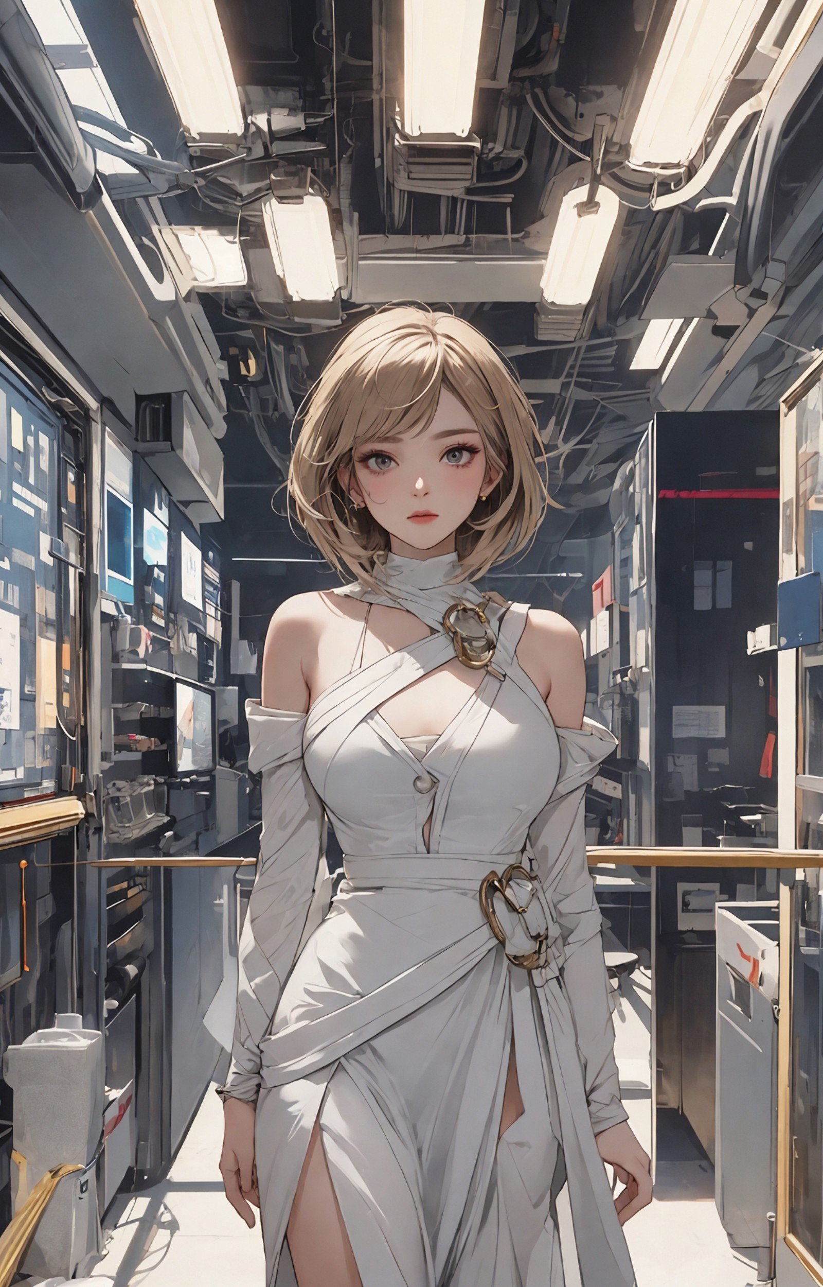 a woman in a white dress with gold accents and a futuristic background with lights and mirrors on the ceiling,cyberpunk art,retrofuturism,octane render,hyperdetailed,