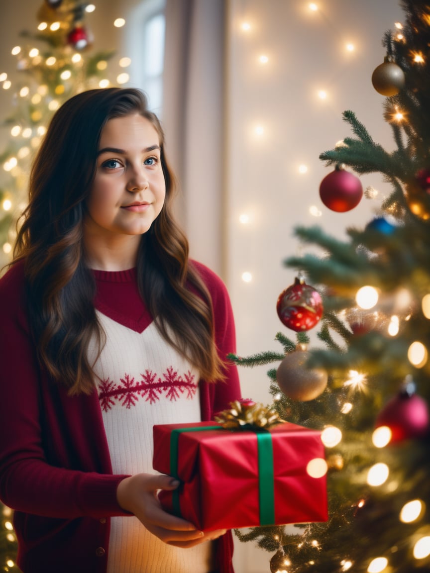 A teenage girl with long, dark hair stands in front of a Christmas tree, holding a present. She is looking at the tree, her face filled with wonder.