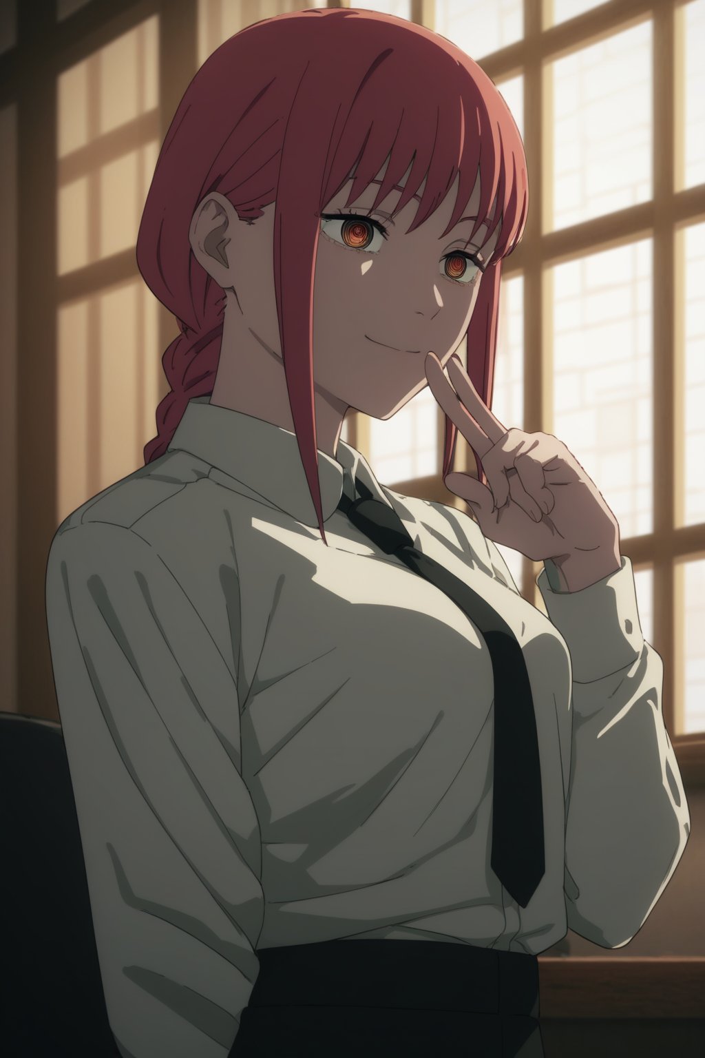 score_9, score_8_up, score_7_up, score_6_up, score_5_up, score_4_up, BREAK, source_anime,makima_v1, 1girl, red hair, ringed eyes, solo, black necktie, shirt, braided ponytail, collared shirt,v over eye<lora:EMS-355148-EMS:1.000000>