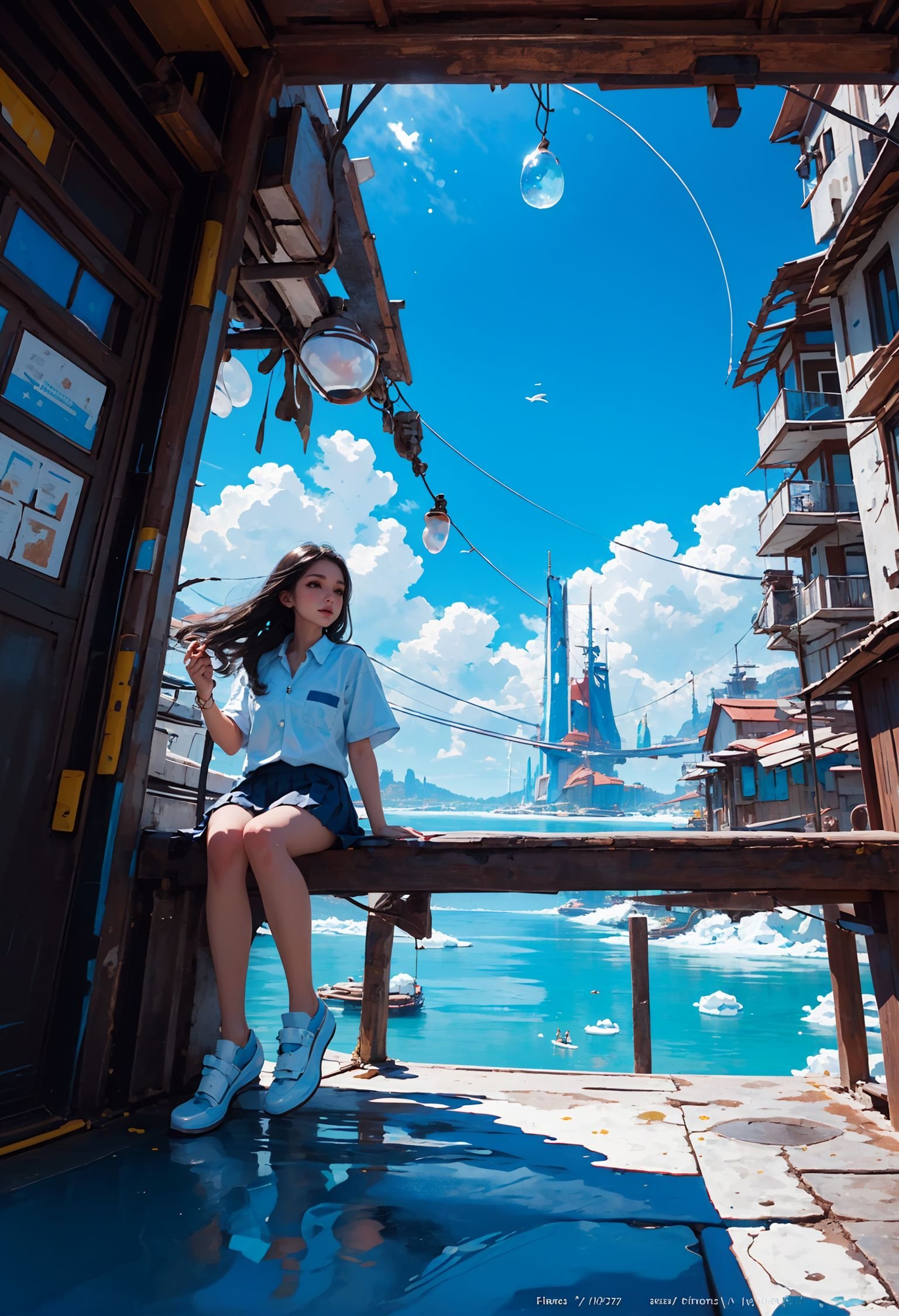 (best quality,official art,beautiful and aesthetic:1.2),(fractal art:1.2),offcial art,colorful,Colorful background,splash of color,movie perspective,advertising style,magazine cover,xuer popsicle,1girl,solo,long hair,skirt,shirt,black hair,holding,sitting,school uniform,white shirt,short sleeves,pleated skirt,outdoors,food,sky,shoes,day,collared shirt,cloud,black skirt,medium hair,water,blue sky,blue skirt,bare legs,ocean,sandals,white footwear,holding food,scenery,bubble,blue theme,water drop,ice cream,air bubble,summer,whale,<lora:绪儿-雪糕 xuer popsicle:0.8>,