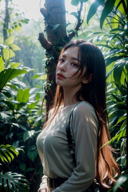 (realistic:1.3) , finely detailed, quality, (masterpiece:1.2) , (photorealistic:1.2) , (best quality) , (detailed skin:1.3) , (intricate details) , ray tracing, dramatic, cute girl, The intrepid explorer ventured deeper into the dense jungle, the canopy of trees above casting dappled shadows on the forest floor.