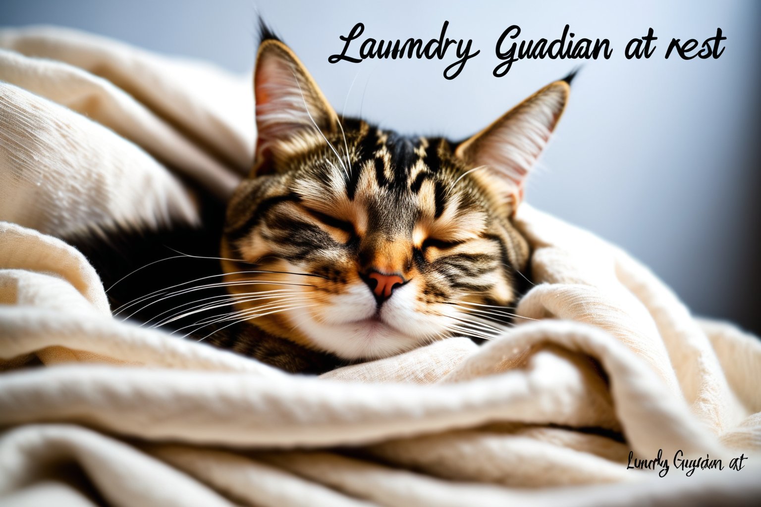 A picture of a cat sleeping in a pile of unfolded laundry with the text: "Laundry guardian at rest."