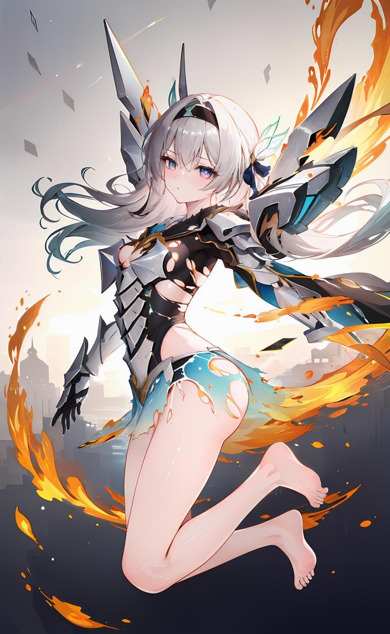 ((masterpiece,best quality)), 1girl, fireflyhsr, mecha musume, armor, torn clothes, bare legs, barefoot, from side, floating hair, fire, torn armor