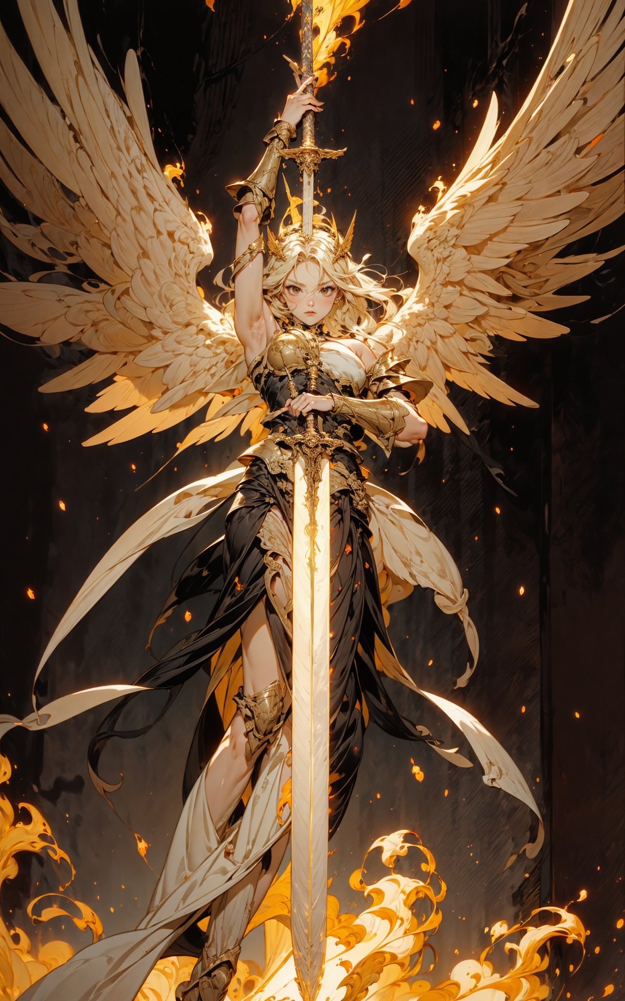 angel,Super powerful flame angel flies out of the clouds, behind him is golden meteor magic surrounding his body, Gothic style, gorgeous golden armor, huge flame great sword, rich background, sword art background, film shooting, depth of field, Super visual, Super visual ,bare shoulders，exposed abdomen，Flamboyant armour，Angel wings. Huge angel wings，<lora:绪儿-巨剑大天使V2 angel:0.8>