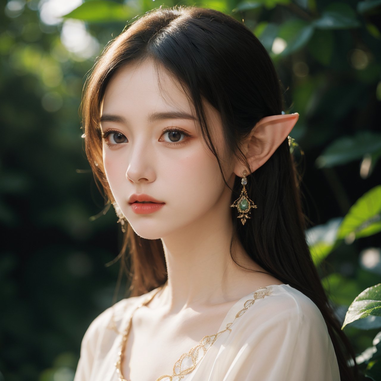 elf portrait,enchanting beauty,fantasy,ethereal glow,pointed ears,delicate facial features,long elegant hair,nature-themed attire,mystical ambiance,soft lighting,tranquil expression,harmonious with nature,subtle magical elements,serene,intricate jewelry,dreamlike quality,pastel colors,