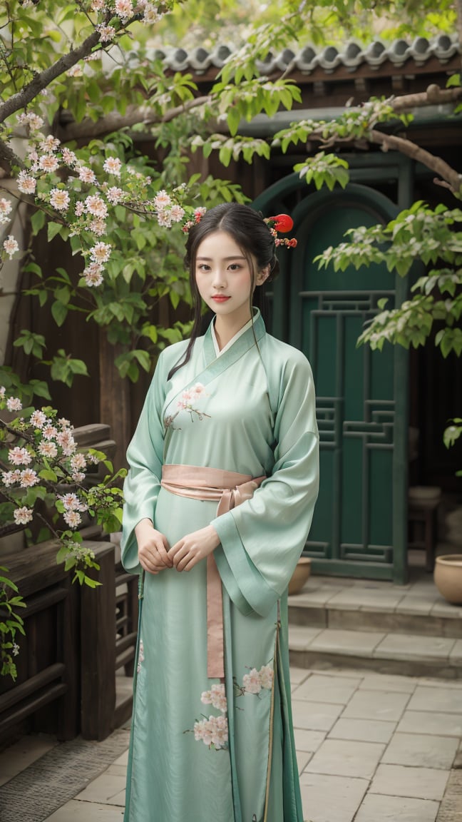 A beautiful girl,chinese Hanfu,chinese courtyard,trees and flowers,