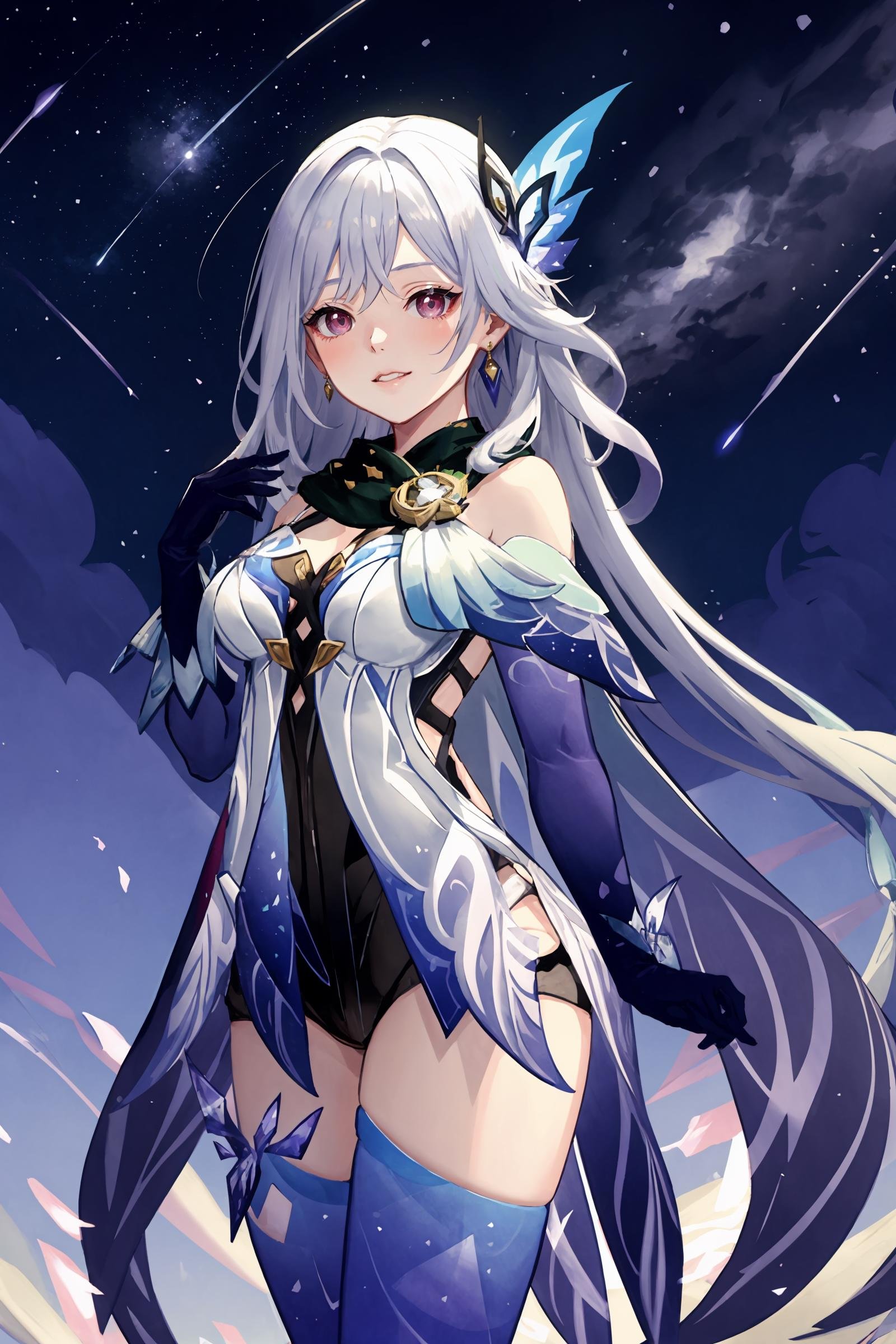 1girl, skirk \(genshin impact\), elbow gloves, earrings, cape, blue thighhighs, black scarf, butterfly hair ornament, armored leotard, looking at viewer, starry sky, shooting star, smile, open mouth, hand to own mouth, cowboy shot, standing, masterpiece