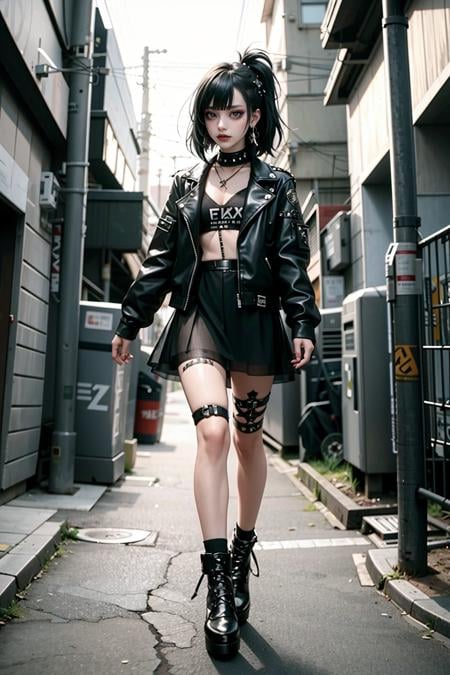 full body, looking at viewer, A goth punk girl in a studded black leather jacket and distressed tulle skirt, with bold makeup and voluminous hair, striking a defiant pose in a graffiti-covered alleyway, captured with shallow depth of field and high-contrast lighting, film grain, pale skin,<lora:Gothpunkgirl-000009:0.7>