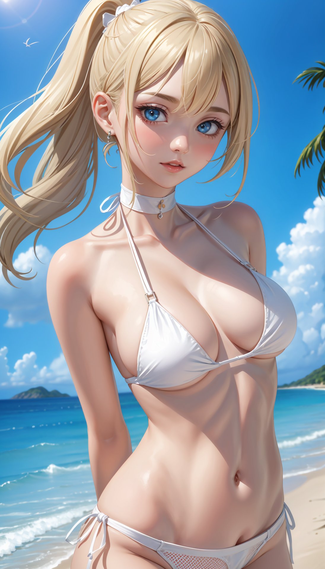 (best quality, masterpiece:1.2), ultra detailed,1girl,upper body,beach,white_mesh_bikini,<lora:White Mesh Bikini_v1:0.4>