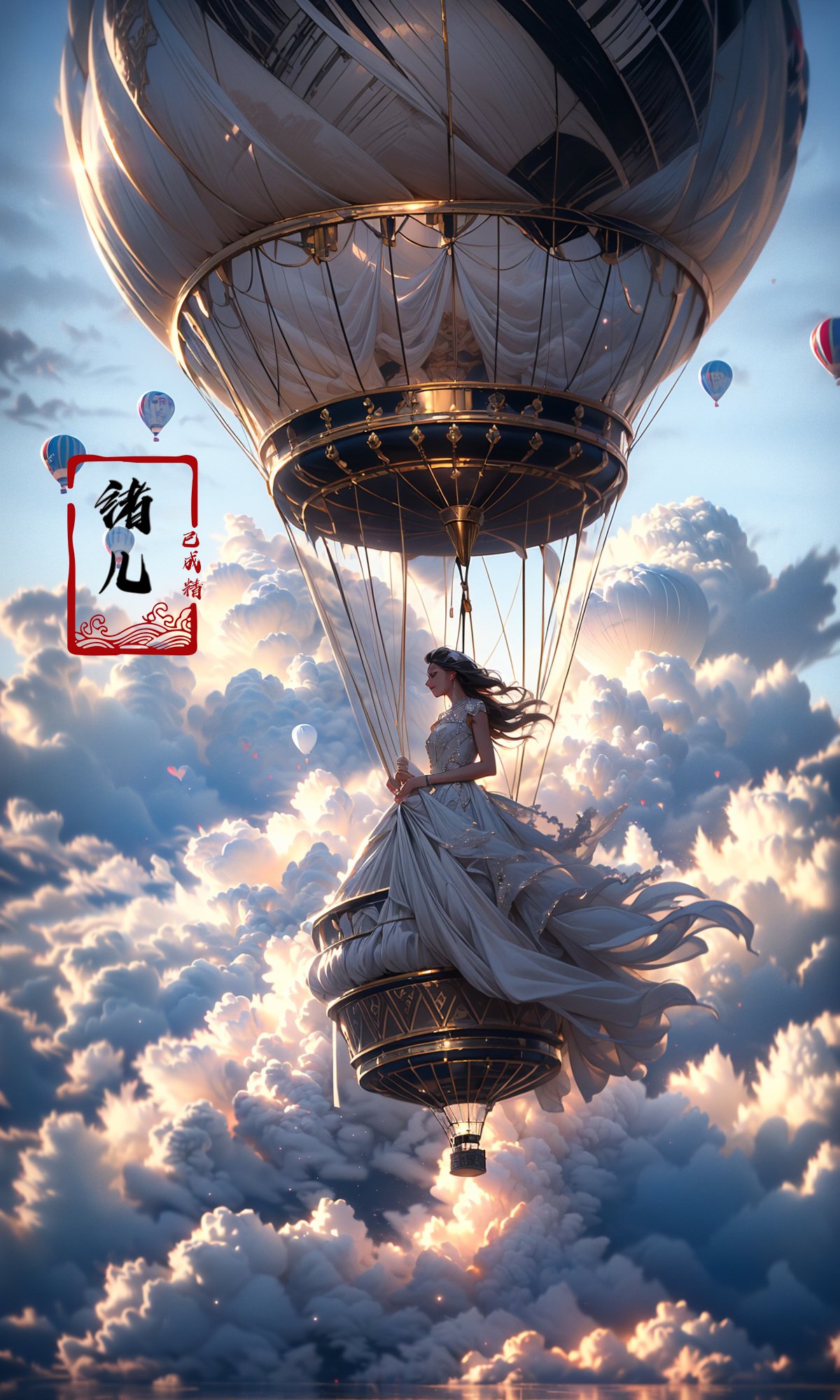 A hot-air balloon drifts above an abandoned theme park, the pilot capturing haunting photos of overgrown roller coasters and flooded game stalls., rubber material, fullbody shot, Claude Monet, Jamie Hawkesworth, Gertrude Abercrombie，(dramatic, gritty, intense:1.4),masterpiece, best quality, 32k uhd, insane details, intricate details, hyperdetailed, hyper quality, high detail, ultra detailed, Masterpiece,bridal veil，wedding dress，<lora:绪儿-热气球stage:0.9>